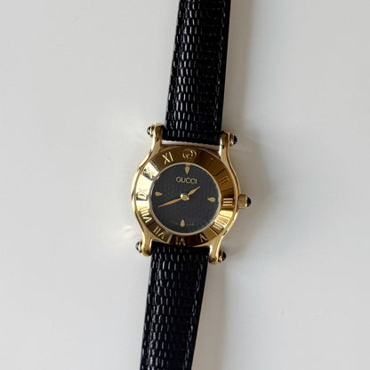 Gucci 1990s Black Dial Gold Plated Watch