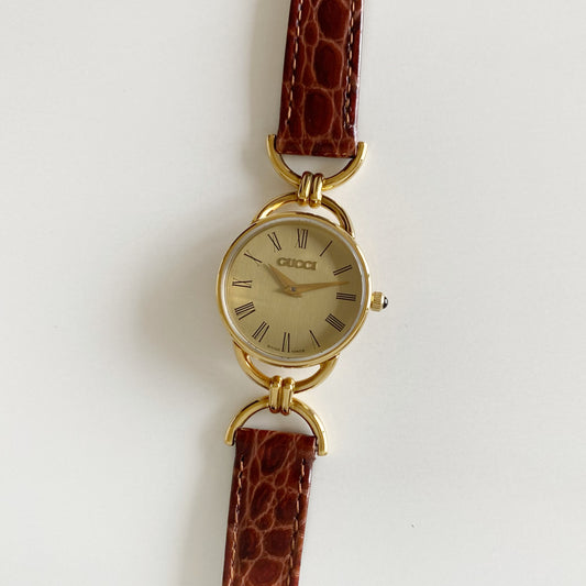 Gucci 1990s Gold Plated Round Dial Horsebit Watch