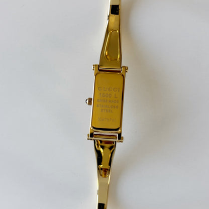 Gucci 1990s Rectangular Gold Dial Gold-Plated Watch