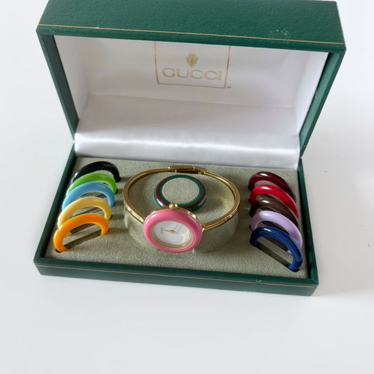 Gucci 1990s Interchangeable Bezel Gold Plated Bangle Watch with 12 bezels, case (Small)