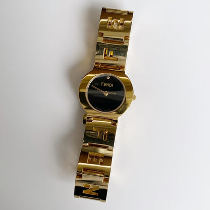 Fendi 1990s Black Dial Gold Plated Watch