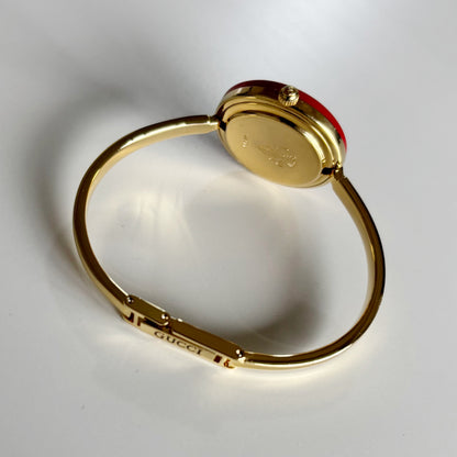 Gucci 1990s Interchangeable Bezel Gold Plated Bangle Watch with case, 12 bezels (Small)