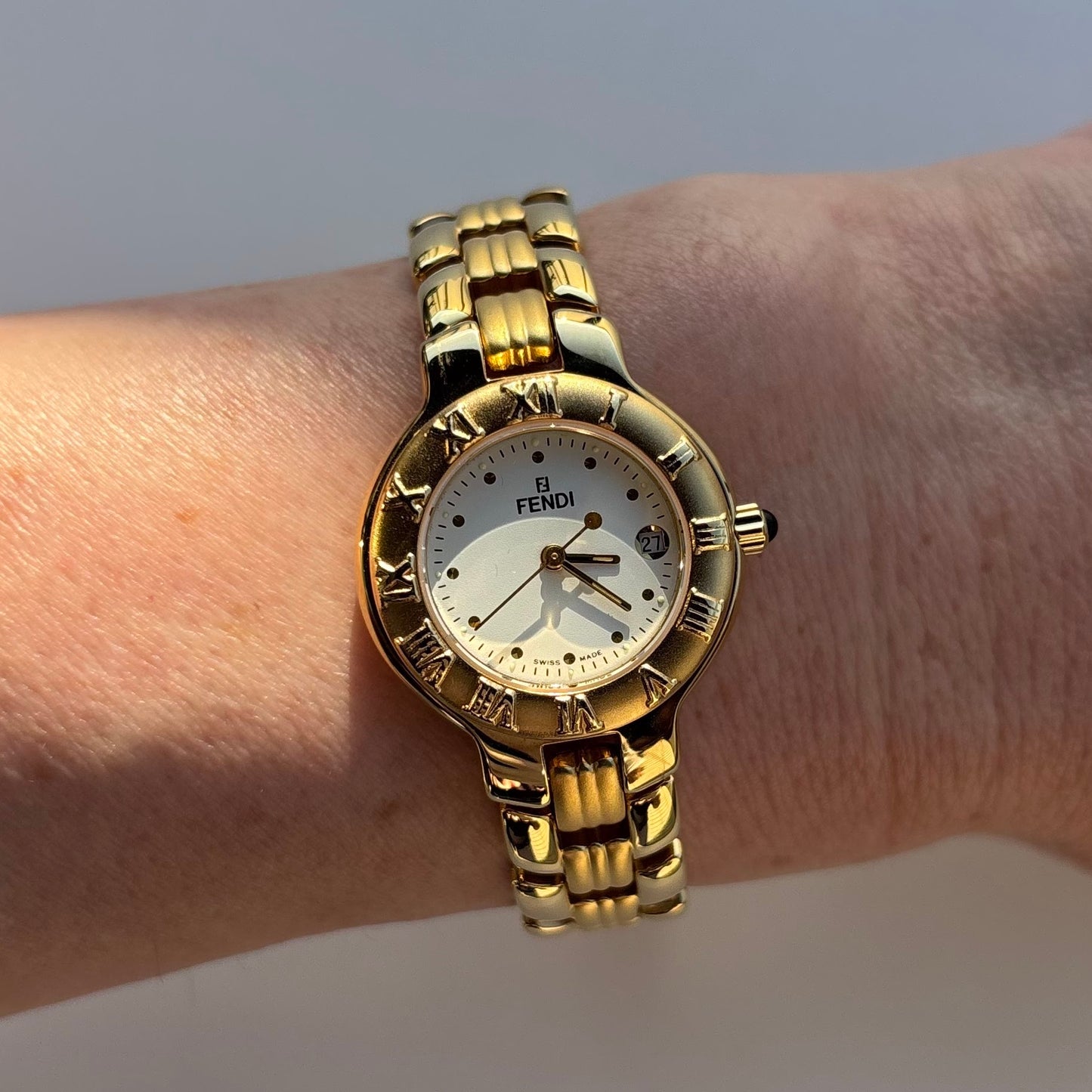 Fendi 1990s Round Dial Date Gold Plated Watch