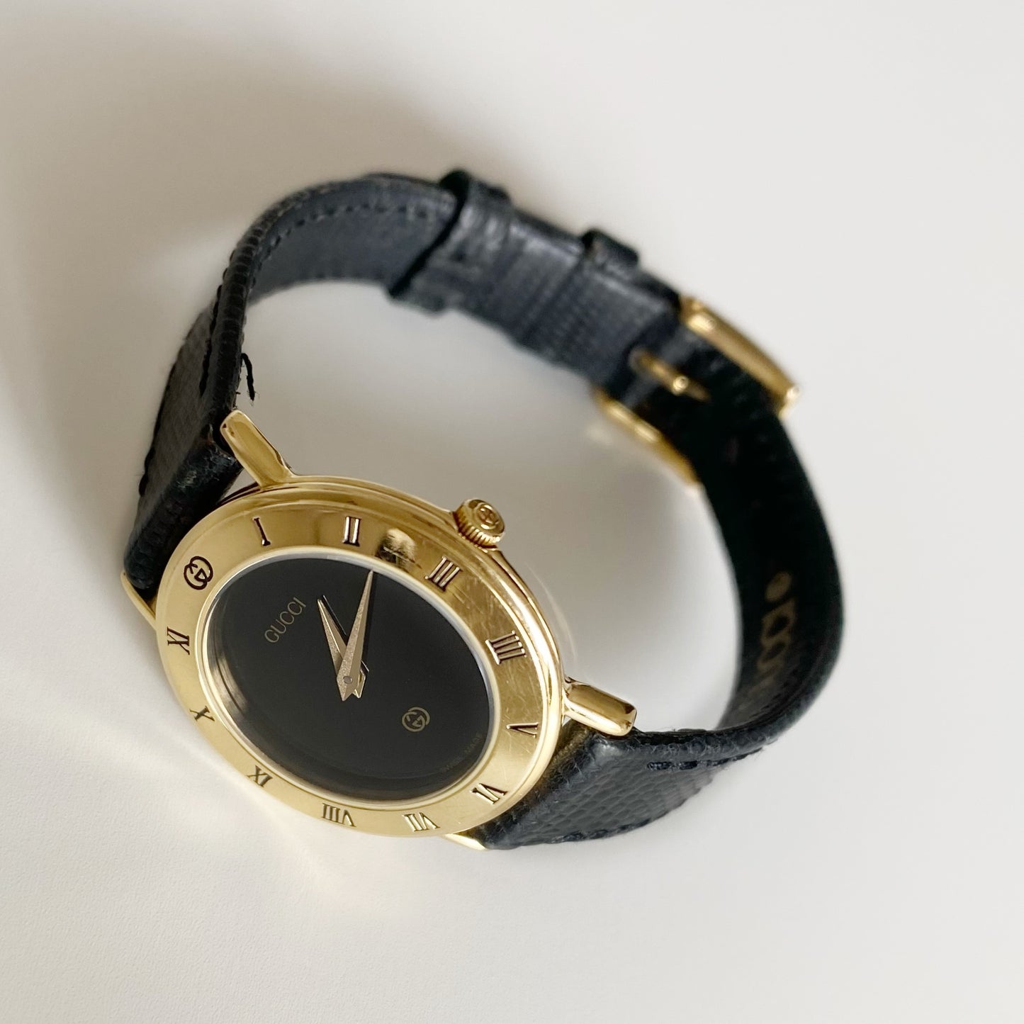 Gucci 1990s Black Dial Gold Plated Watch