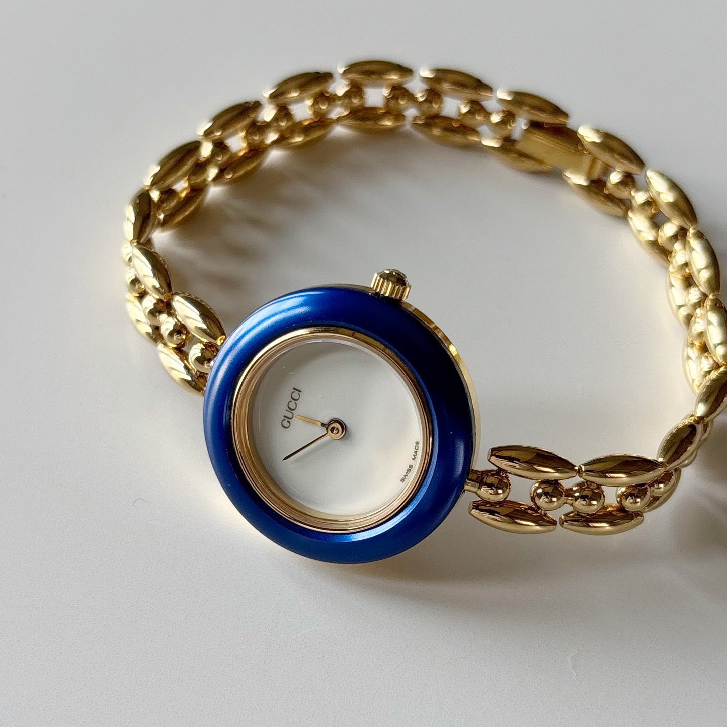 Gucci 1990s Interchangeable Bezel Gold Plated Rice Chain Watch with 6 bezels, case (165mm)