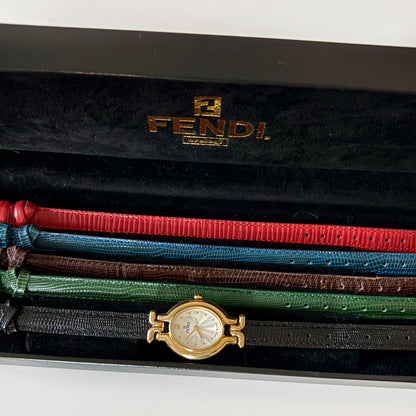 Fendi 1990s Interchangeable Belt Watch with 5 belts, case