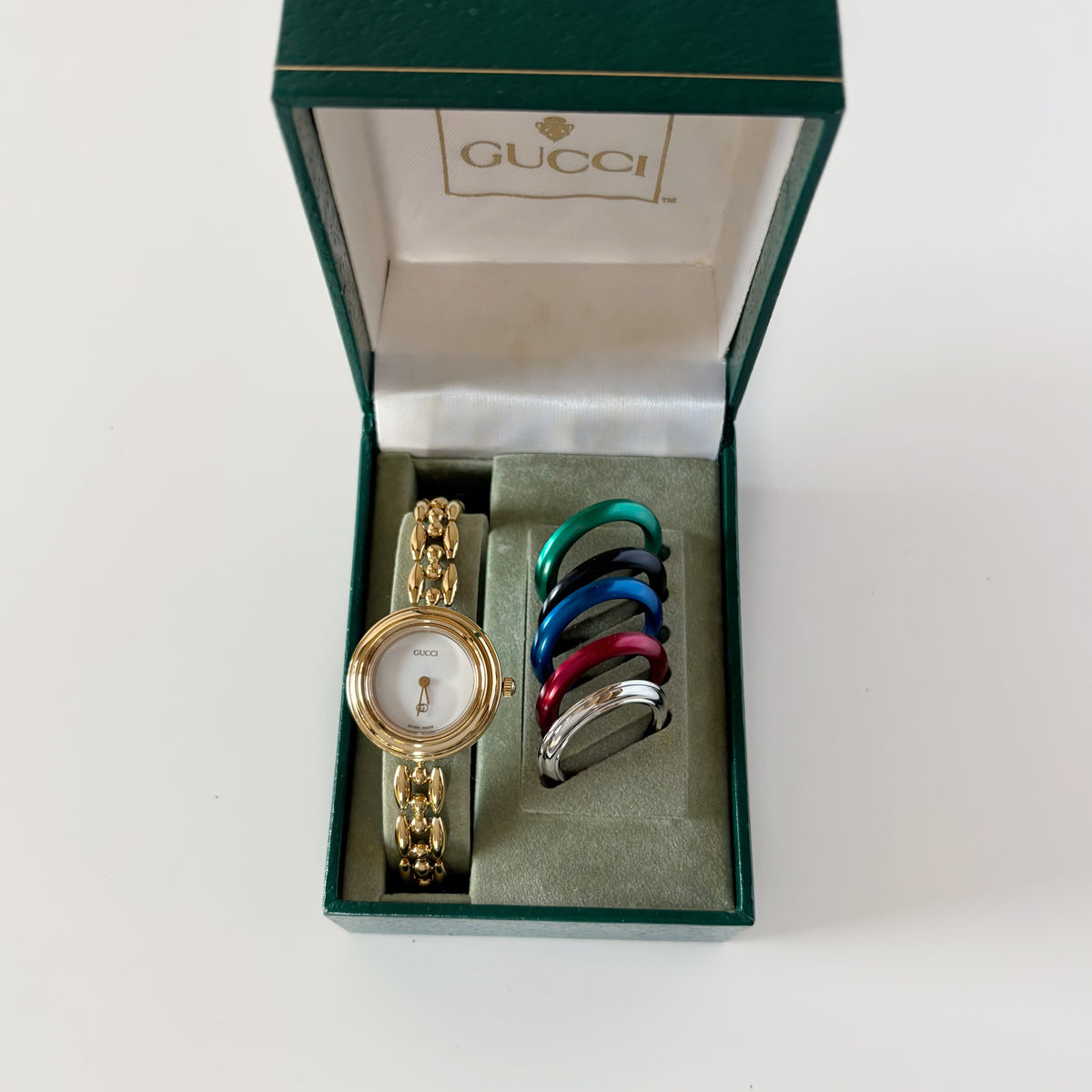 Gucci 1990s Interchangeable Bezel Gold Plated Rice Chain Watch with 6 bezels, case (160mm)