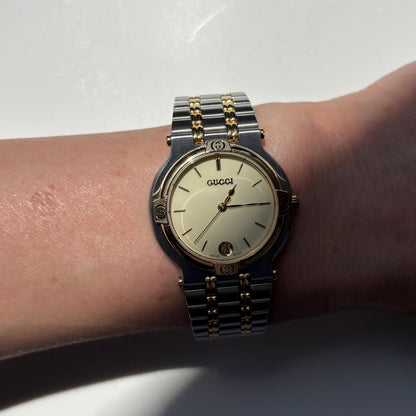 Gucci 1990s Date Round Cream Dial Two Tone Watch (Large)