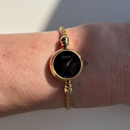 Gucci 1990s Black Dial Gold Plated Cable Band Bangle Watch