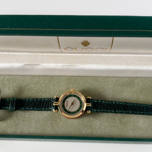 Gucci 1990s Green Sherry Round Dial Gold Plated Watch