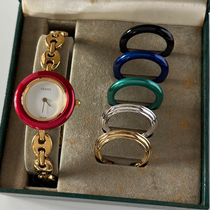 Gucci 1990s Interchangeable Bezel Gold Plated Watch with 6 bezels, case (165mm)