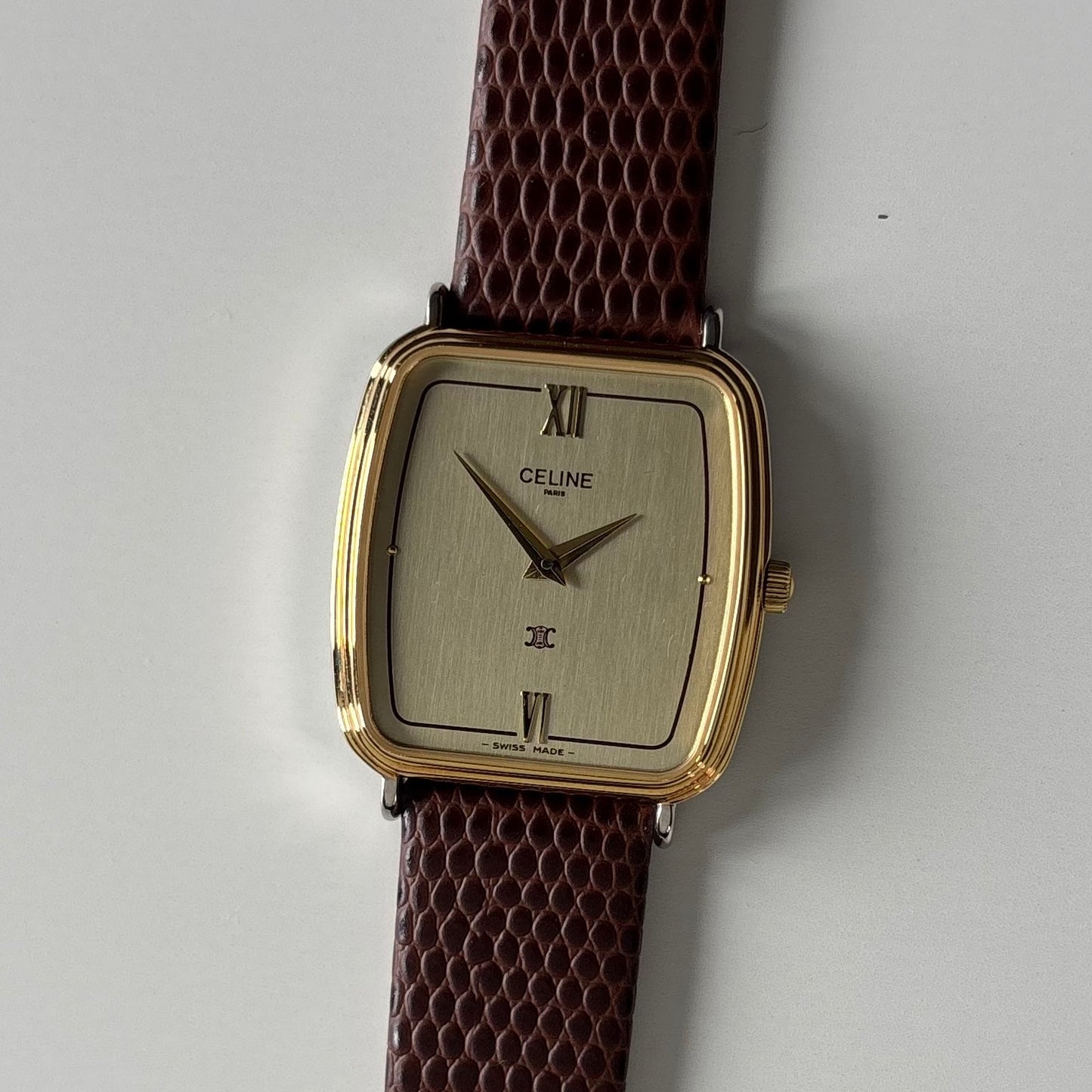 Celine 1980s Rectangular Dial Two Tone Watch (Large)
