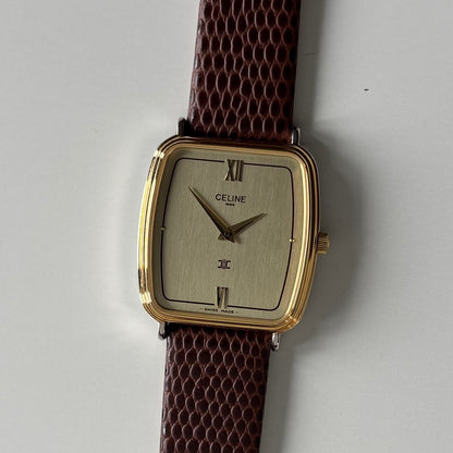 Celine 1980s Rectangular Dial Two Tone Watch (Large)