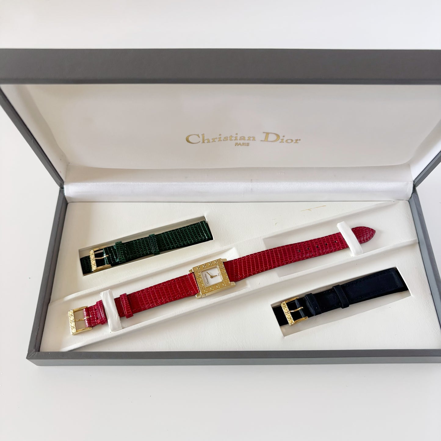 Dior 1990s La Parisienne Interchangeable Strap Square Dial Gold Plated Watch with 3 straps, case