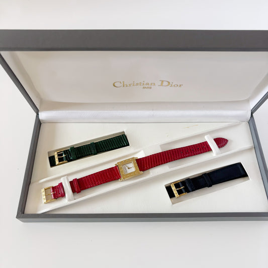 Dior 1990s La Parisienne Interchangeable Strap Square Dial Gold Plated Watch with 3 straps, case