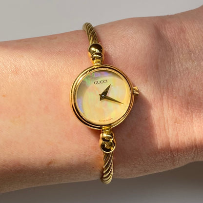 Gucci 1990s Seashell Dial Gold Plated Cable Bangle Watch