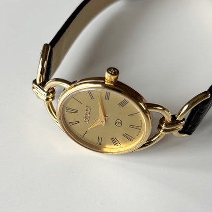 Gucci 1980s Round Dial Horsebit Gold Plated Watch