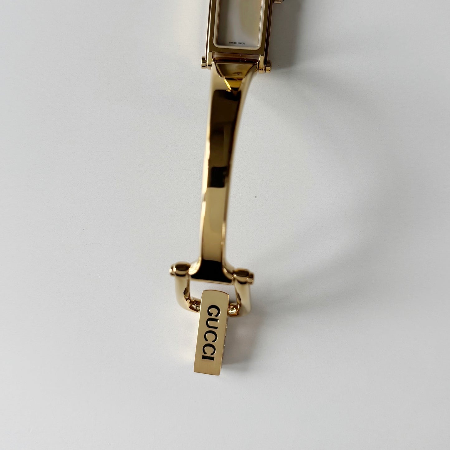 Gucci 1990s Seashell Rectangular Dial Gold Plated Bangle Watch