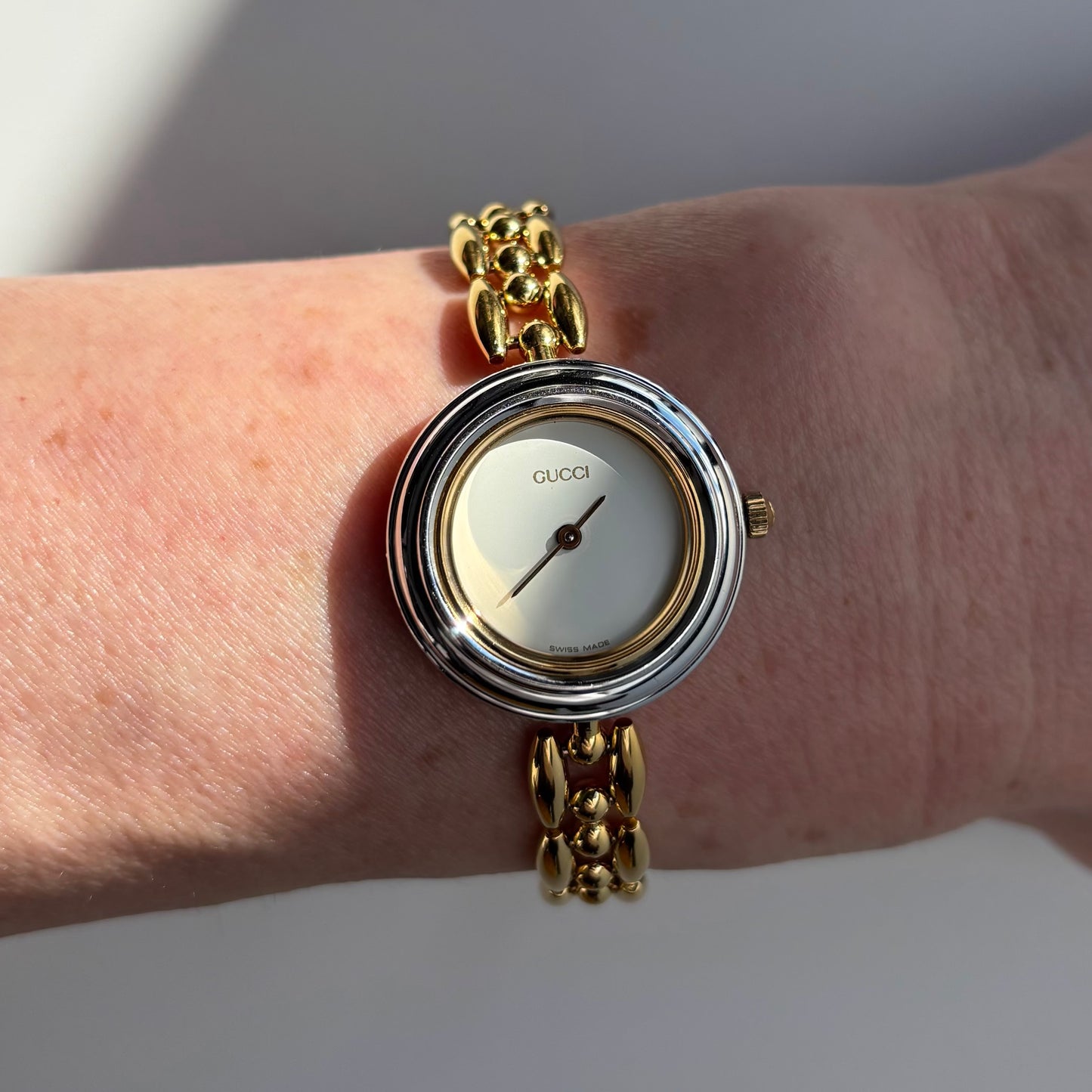 Gucci 1990s Interchangeable Bezel Gold Plated Rice Chain Watch with 6 bezels, case (160mm)