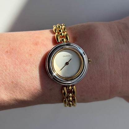 Gucci 1990s Interchangeable Bezel Gold Plated Rice Chain Watch with 6 bezels, case (160mm)