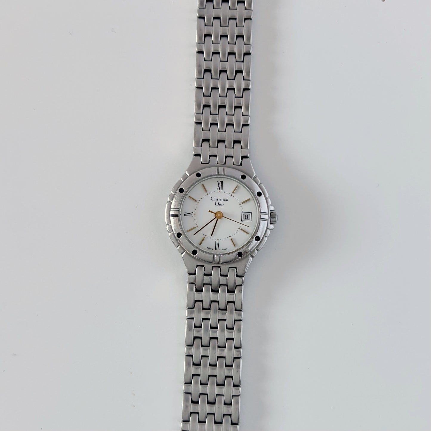 Dior 1990s Date Round Dial Silver Watch