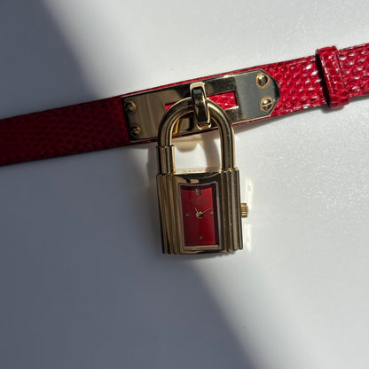 Hermes 1990s Kelly Red Dial Gold Plated Watch