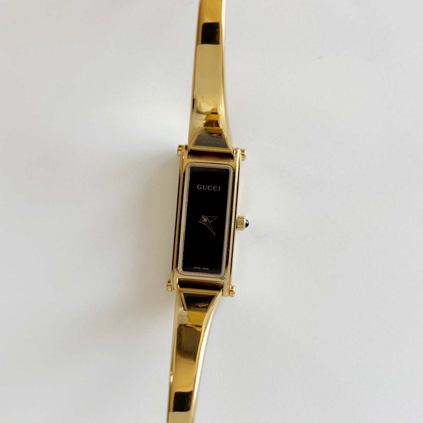 Gucci 1990s Black Dial Gold Plated Bangle Watch