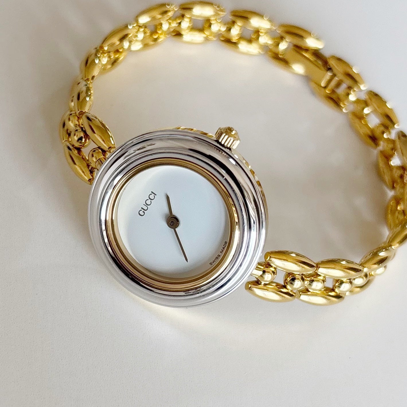 Gucci 1990s Interchangeable Bezel Gold Plated Rice Chain Watch with 6 bezels, case (160mm)