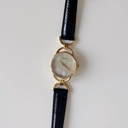 Gucci 1990s Seashell Dial Horsebit Gold Plated Watch