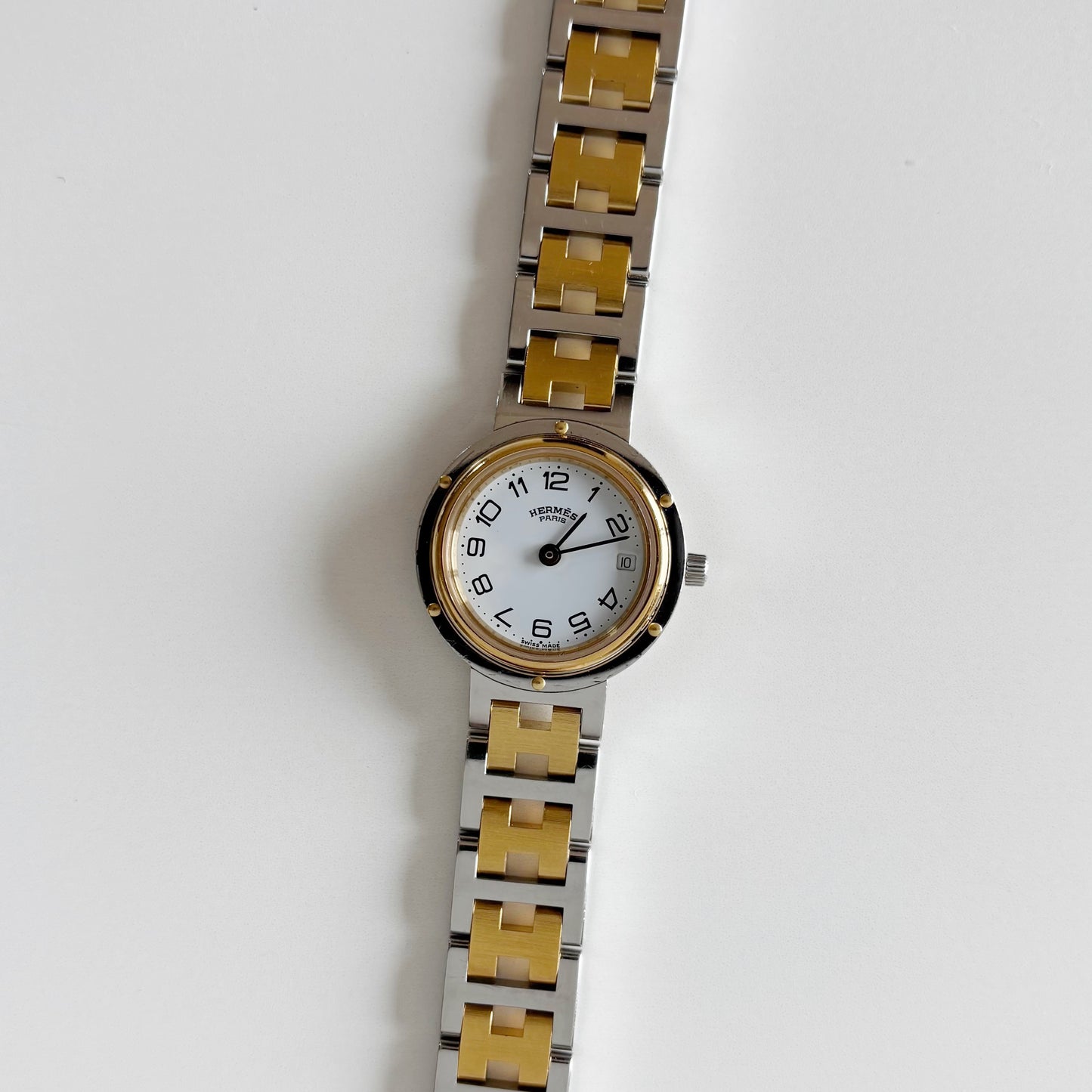 Hermes 1990s Clipper Date Round Dial Two Tone Watch