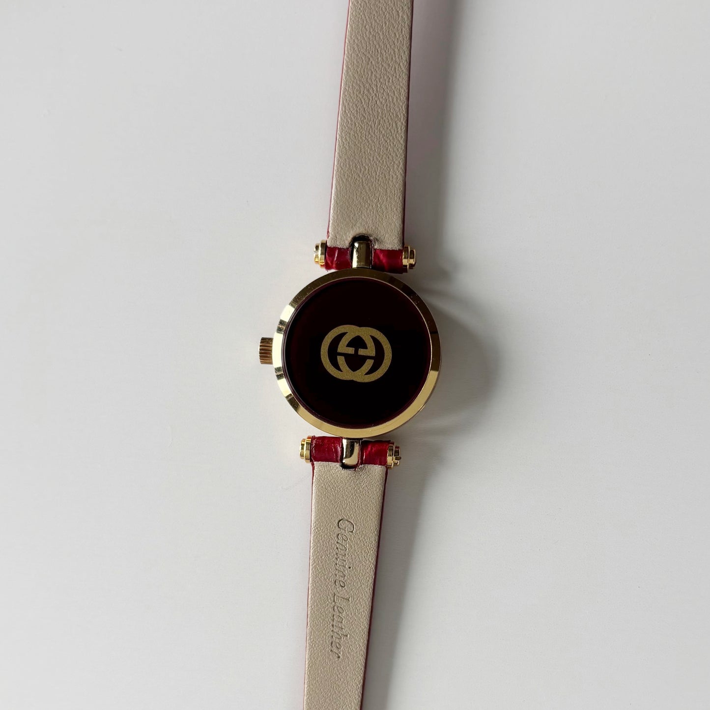 Gucci 1990s Red Round Dial Gold Plated Watch