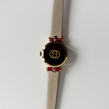 Gucci 1990s Red Round Dial Gold Plated Watch