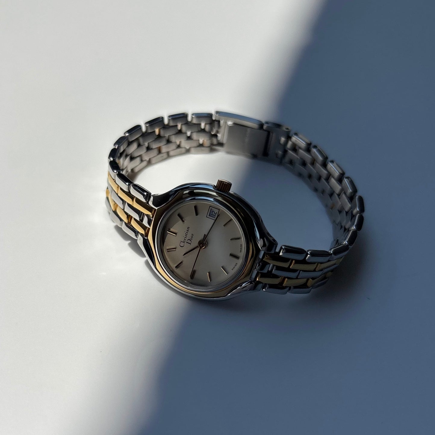Dior 1990s Date Round Dial Two Tone Gold Plated Watch