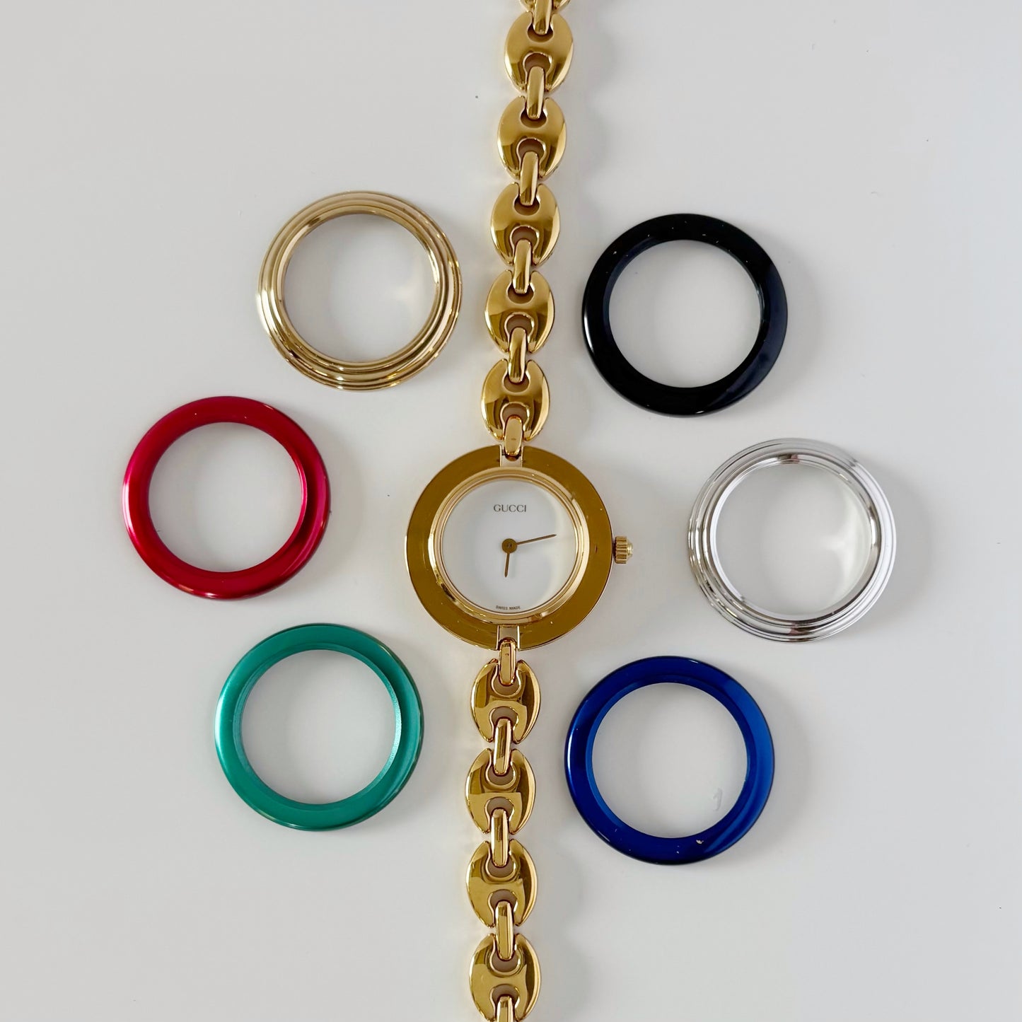 Gucci 1990s Interchangeable Bezel Gold Plated Watch with 6 bezels, case (165mm)