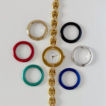 Gucci 1990s Interchangeable Bezel Gold Plated Watch with 6 bezels, case (165mm)