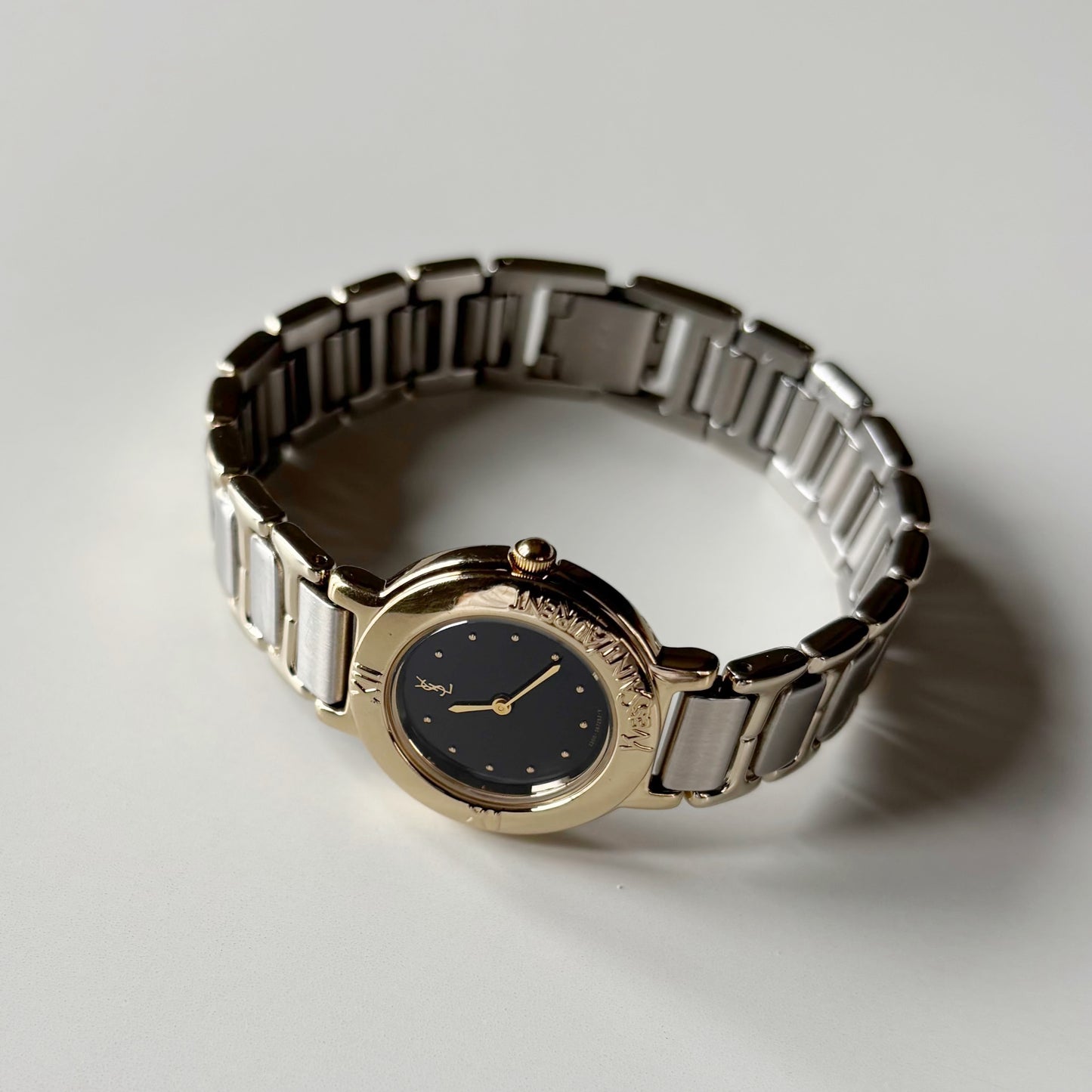 Yves Saint Laurent 1990s Black Round Dial Two Tone Watch