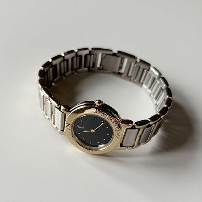 Yves Saint Laurent 1990s Black Round Dial Two Tone Watch