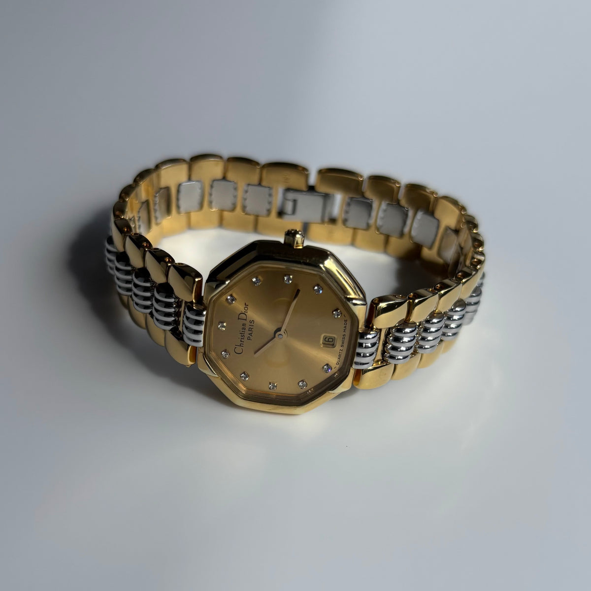 Dior 1990s Octagon Gold Dial Two-Tone Gold-Plated Watch