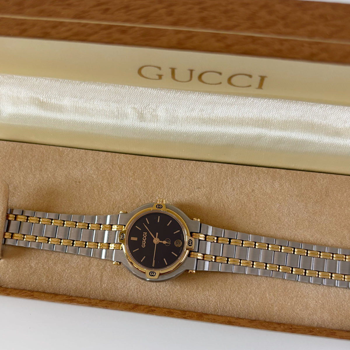 Gucci 1990s Black Dial Gold Plated Two Tone Watch