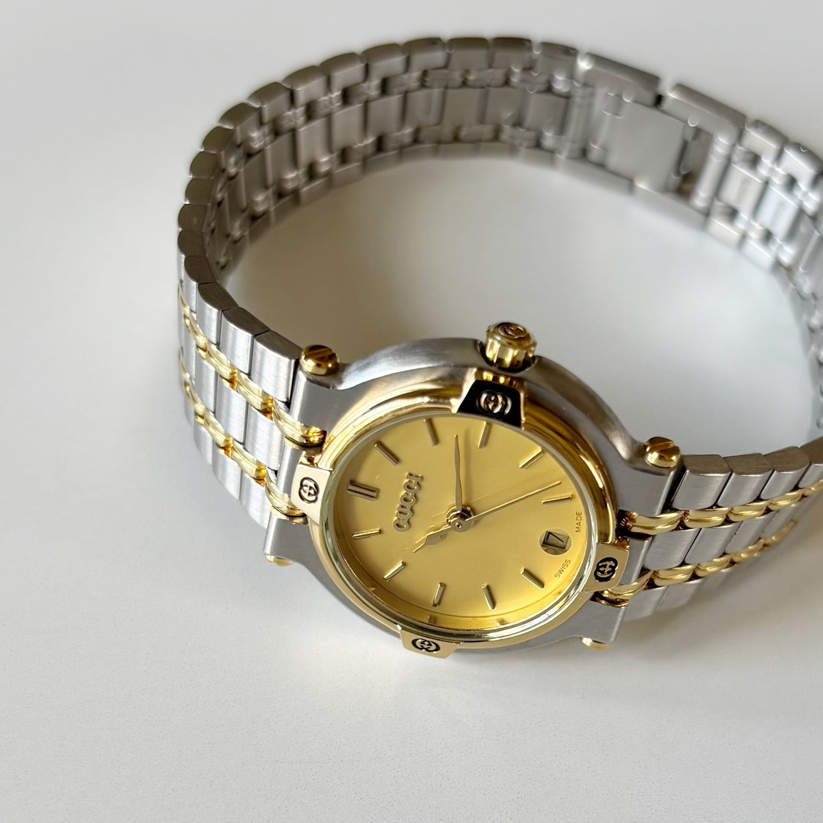 Gucci 1990s Date Round Dial Two Tone Gold Plated Watch