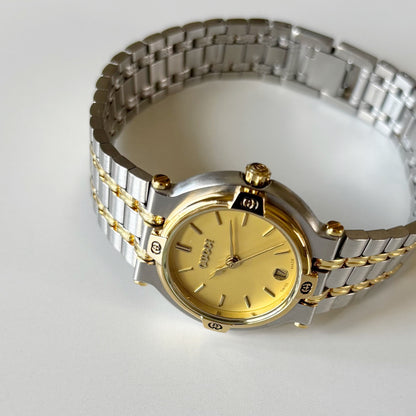 Gucci 1990s Date Round Dial Two Tone Gold Plated Watch