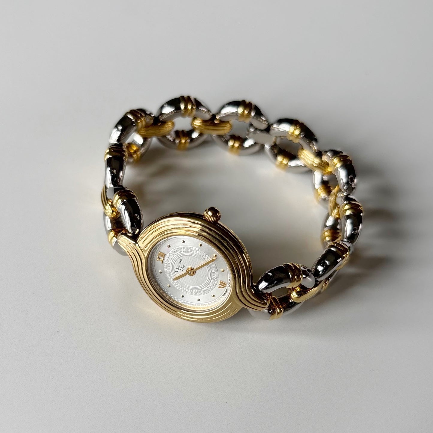 Dior 1990s Interchangeable Strap Round Dial Gold Plated Two Tone Watch with 3 straps, case