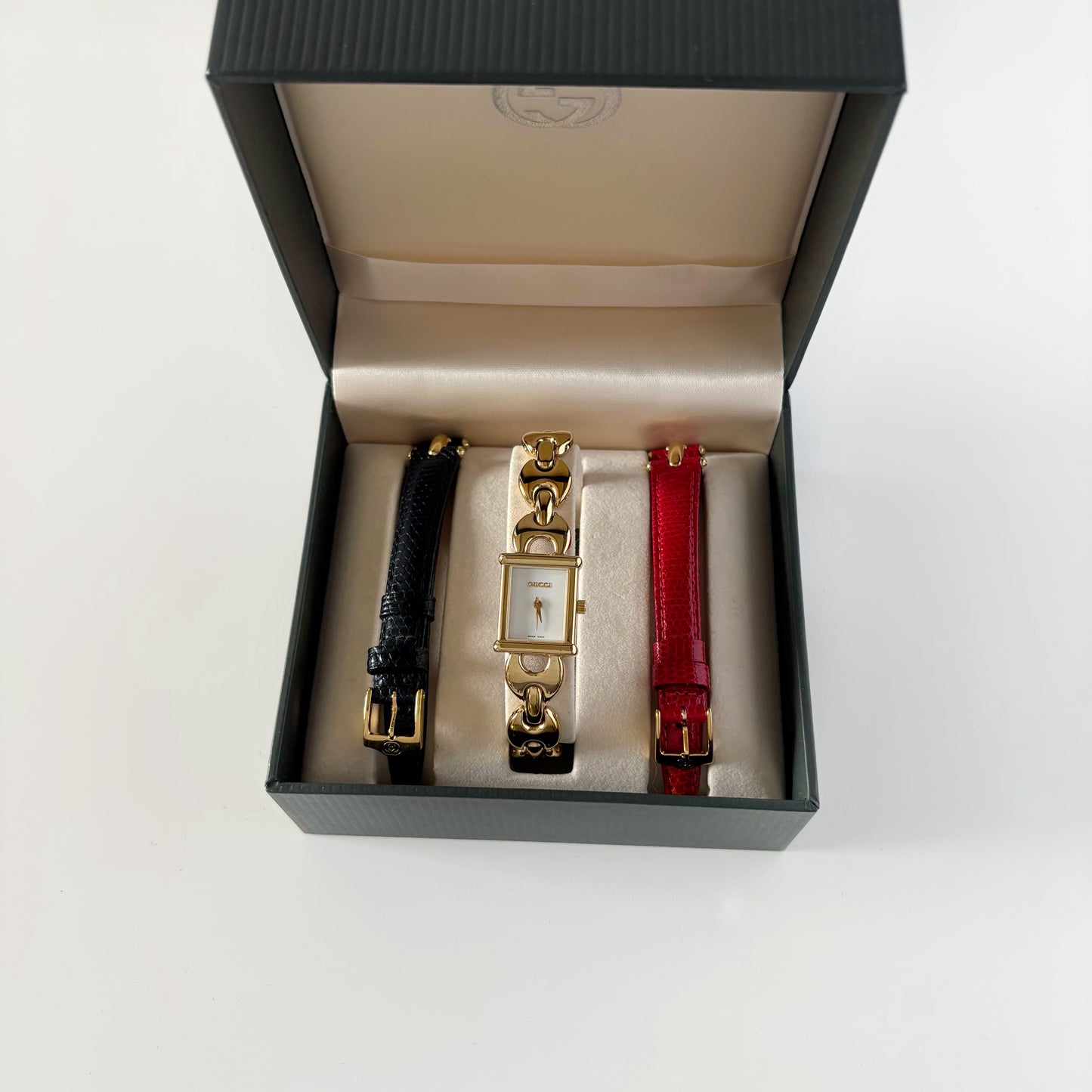 Gucci 1990s Interchangeable Strap Gold Plated Watch with 3 straps, case