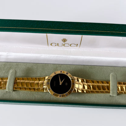 Gucci 1990s Black Dial Gold Plated Watch (Large)