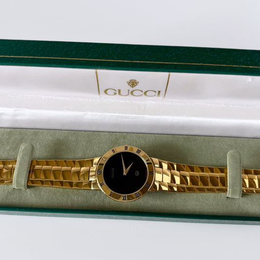 Gucci 1990s Black Dial Gold Plated Watch (Large)