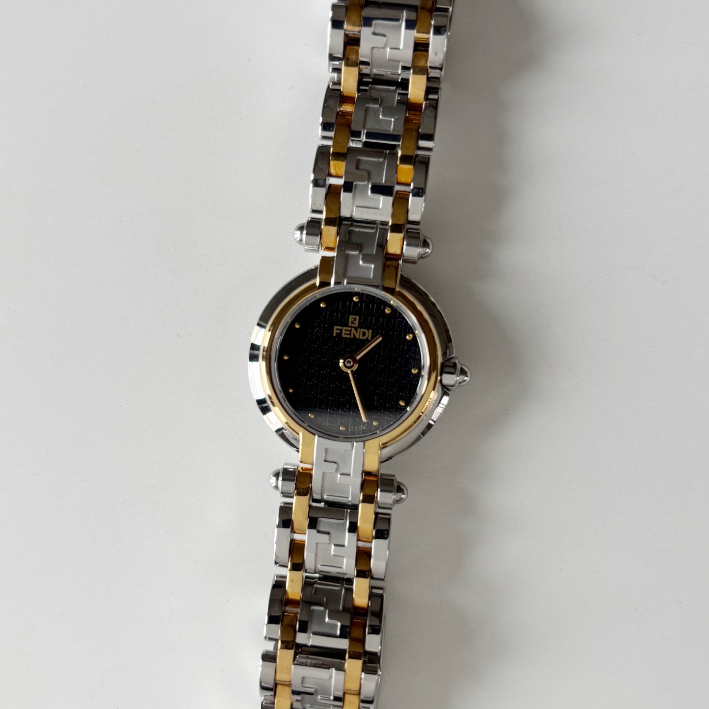 Fendi 1990s Black Round Dial Two Tone Watch