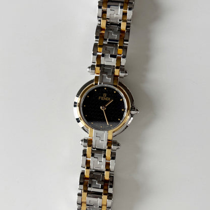 Fendi 1990s Black Round Dial Two Tone Watch
