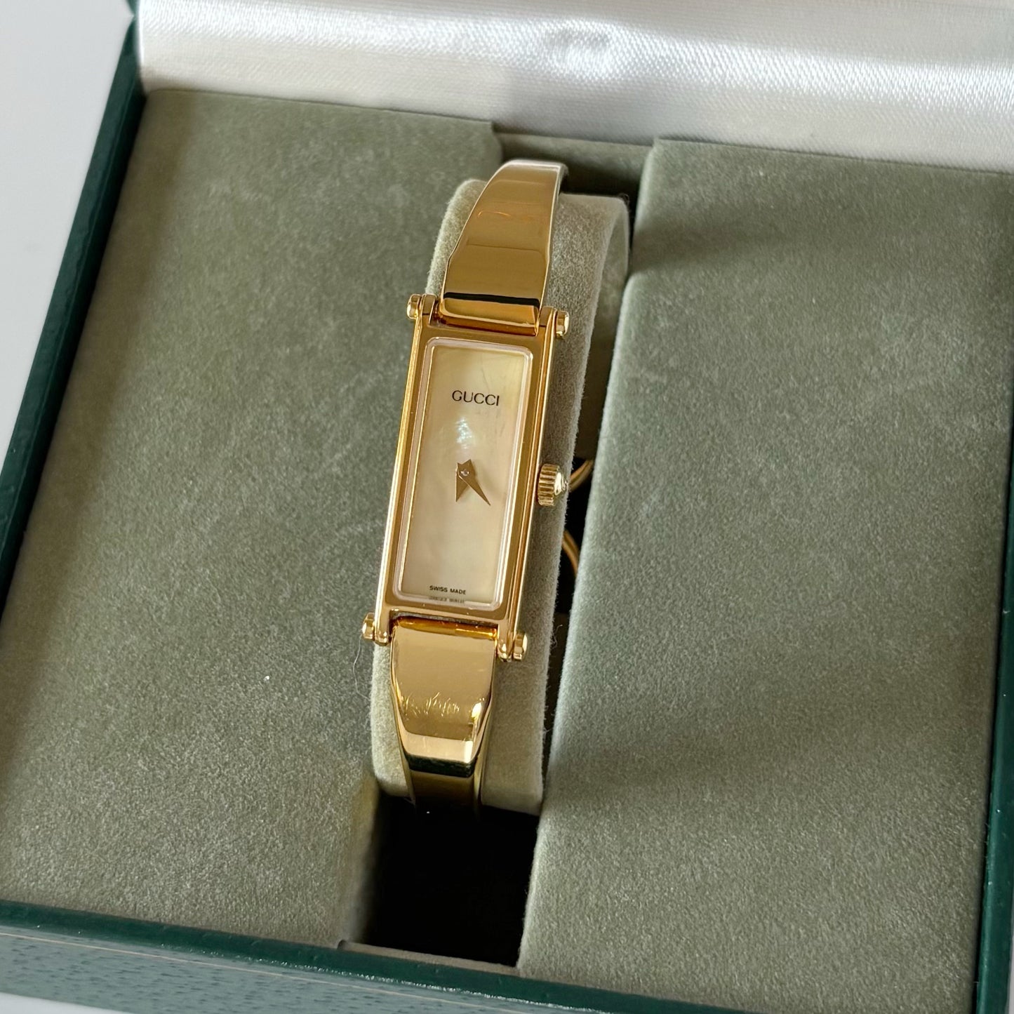 Gucci 1990s Seashell Rectangular Dial Gold Plated Bangle Watch