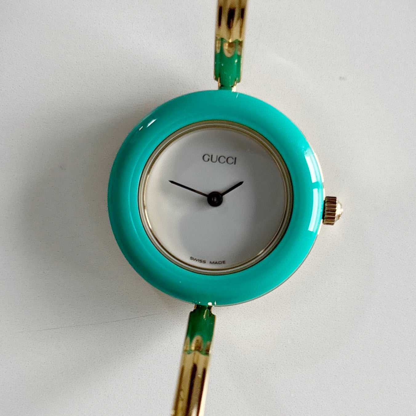 Gucci 1990s Interchangeable Bezel Gold Plated Bangle Watch with 12 bezels, case