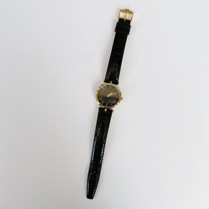 Gucci 1990s Black Dial Gold Plated Black Leather Watch